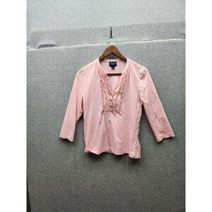 Chaps Classics Pink Womens 3/4 Sleeve Cotton Blouse With Embroidered Front Detai